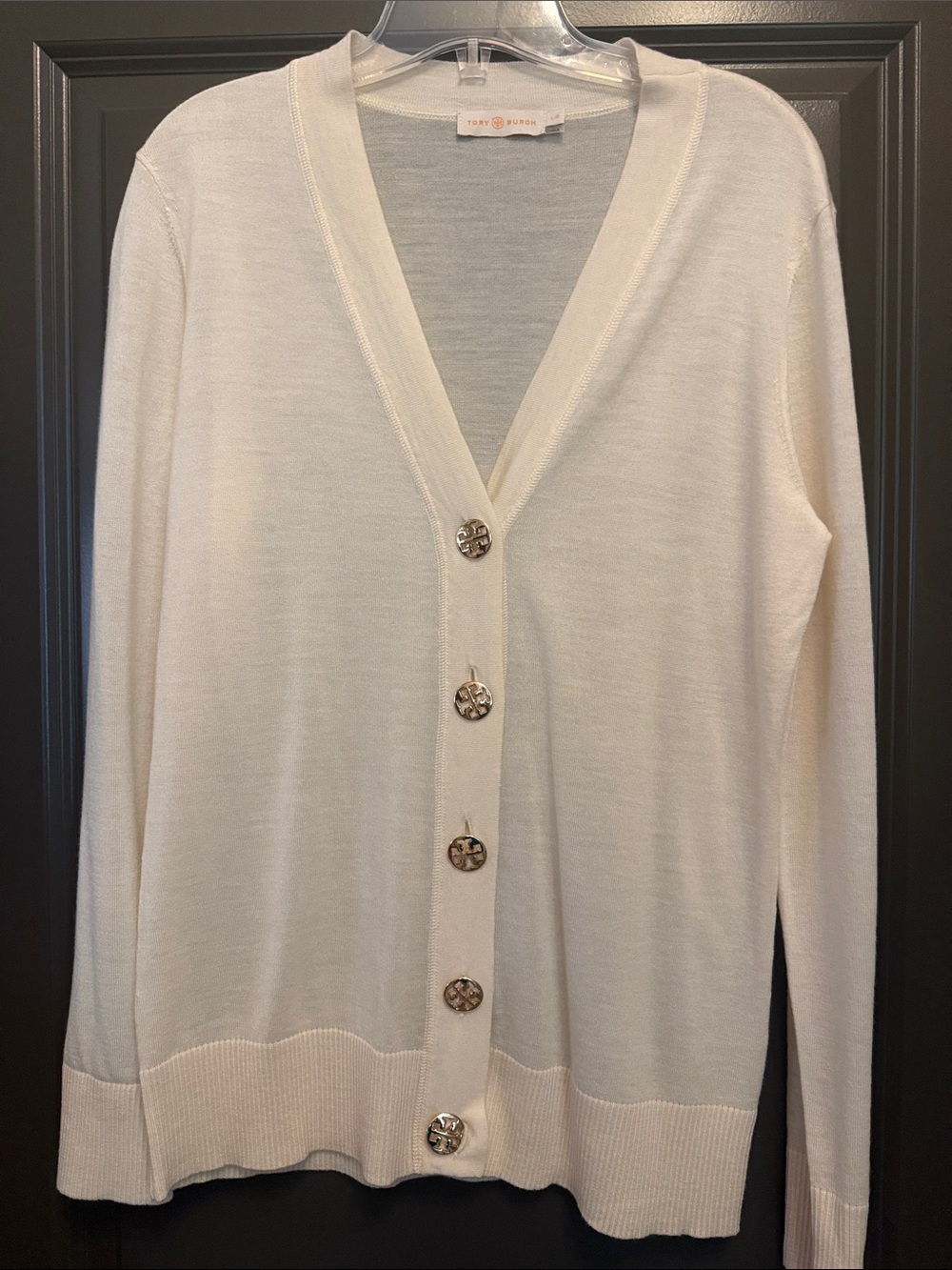 Tory Burch Cream V-Neck Button Front Cardigan Wool Gold Buttons